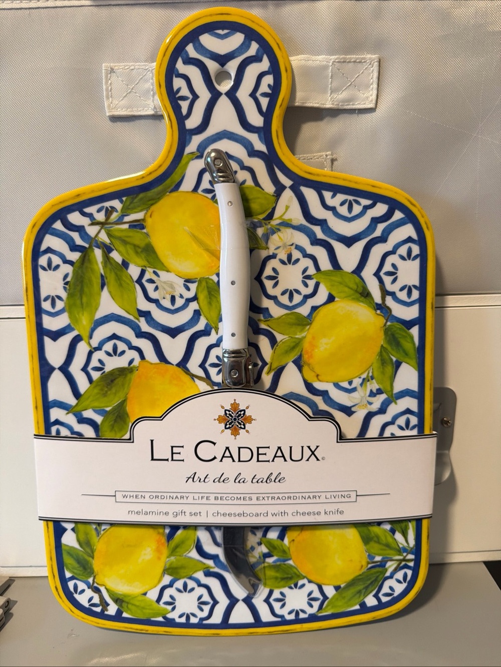 Lemon Melamine Cheese Board with White-Handle Knife, Yellow & Blue